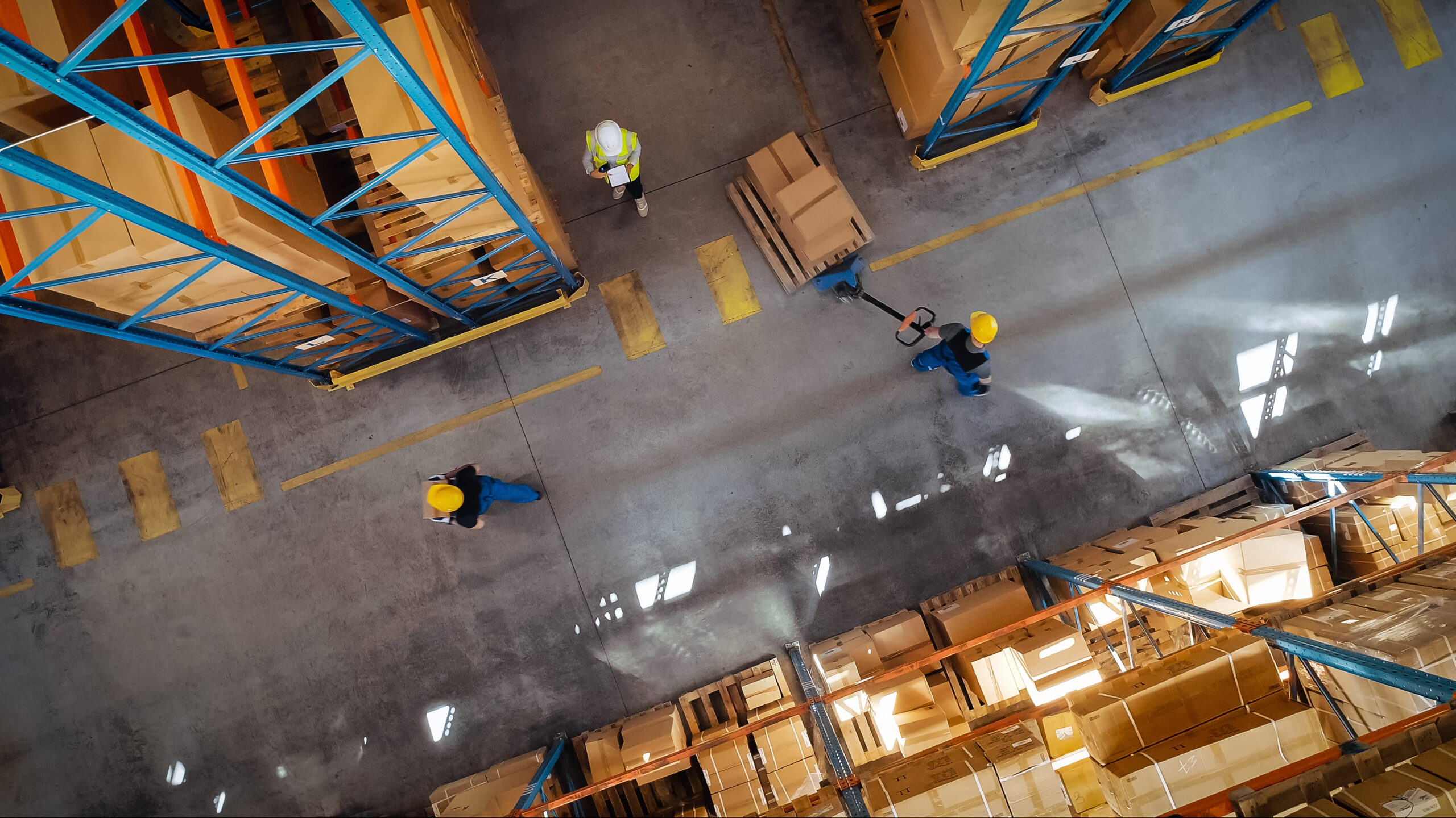 Top-down,View:,In,Warehouse,People,Working,,Forklift,Truck,Operator,Lifts